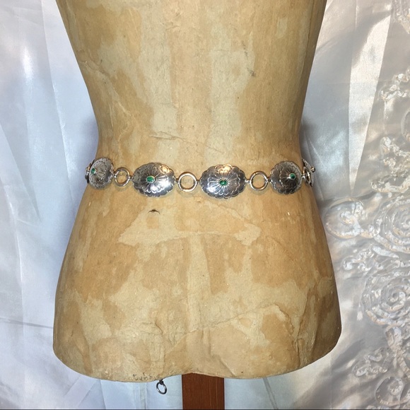 Vintage Navajo Handmade Concho Stamped Sterling Silver Malachite Belt Med Adjust - Picture 5 of 15